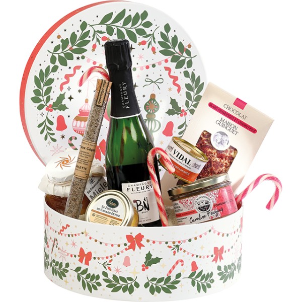 Caixa cartão redonda VIVA O NATAL verde/vermelho/rosa/dourado estampagem quente ouro