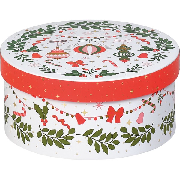 Coffret carton rond VIVEMENT NOEL vert/rouge/rose/dorure à chaud or