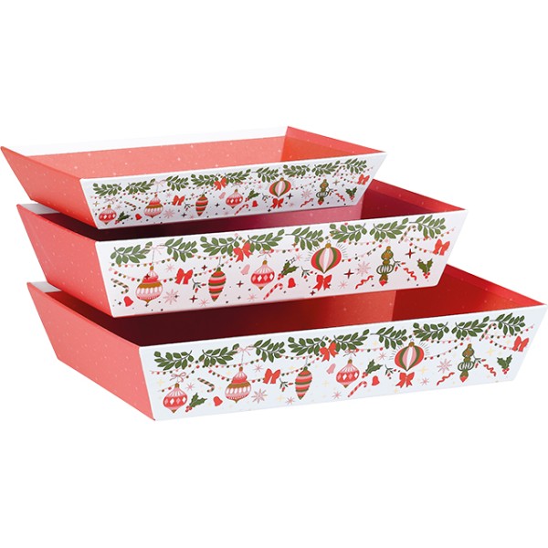 Bandeja cartão retangular VIVA O NATAL verde/vermelho/rosa/dourado estampagem quente ouro 36x27x7 cm