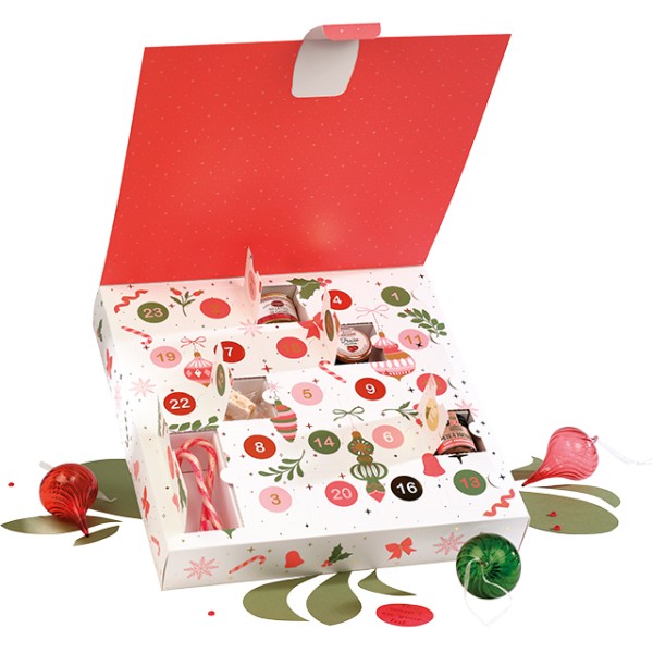 Box cardboard sq. Advent calendar CHRISTMAS ANTICIPATION green/red/pink/gold hot foil stamp. 24 pre-cut windows