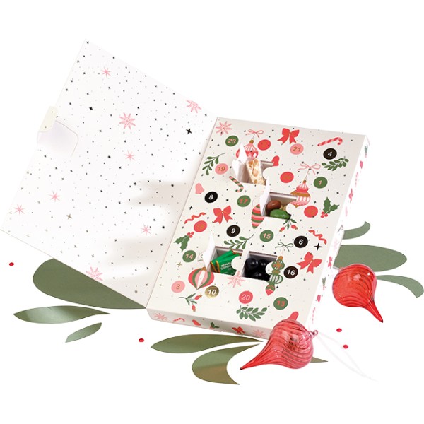 Caixa cartão ret. Calendário Adv. VIVA O NATAL verde/vermelho/rosa/dourado estamp quente ouro 24 janelas pré recortadas