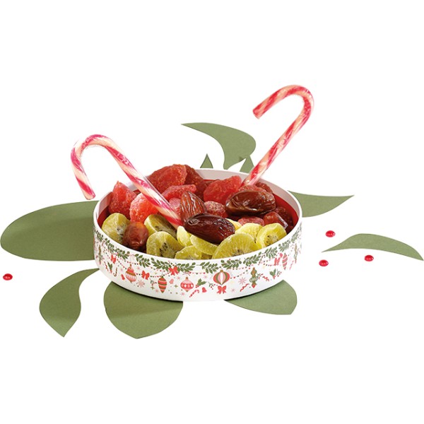 Corbeille carton ronde VIVEMENT NOEL vert/rouge/rose/dorure à chaud or