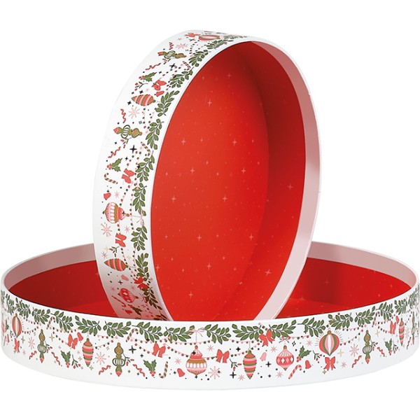 Corbeille carton ronde VIVEMENT NOEL vert/rouge/rose/dorure à chaud or