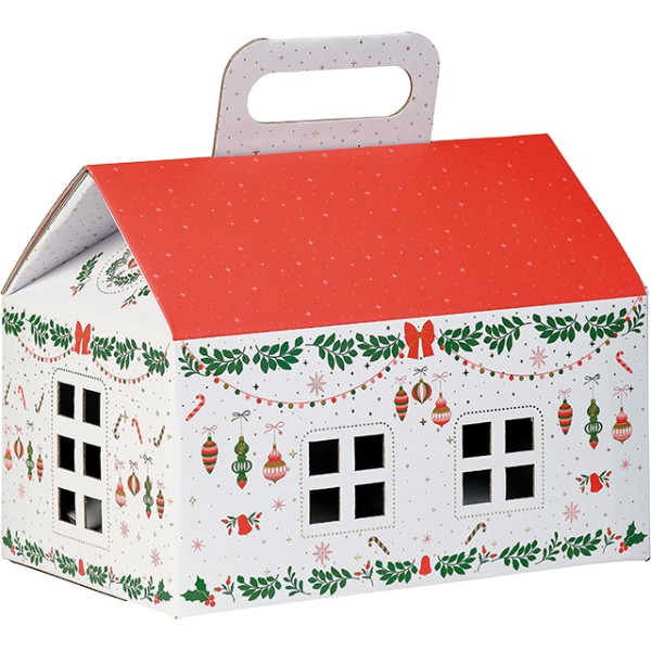 Coffret carton forme maison rectangle VIVEMENT NOEL vert/rouge/rose/dorure à chaud or livraison à plat
