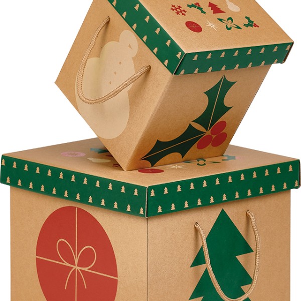 Box cardboard kraft square NATURAL CHRISTMAS kraft/red/green drawstrings delivered flat