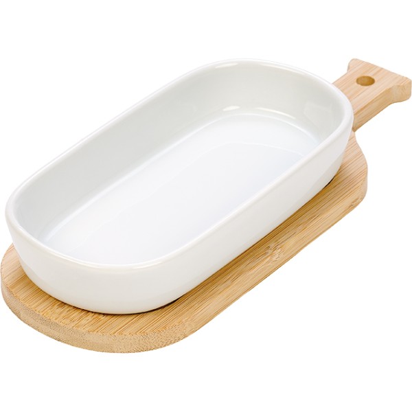 Lot/2 plateau bambou 1 ramequin 16x8x3cm porcelaine blanche ovale