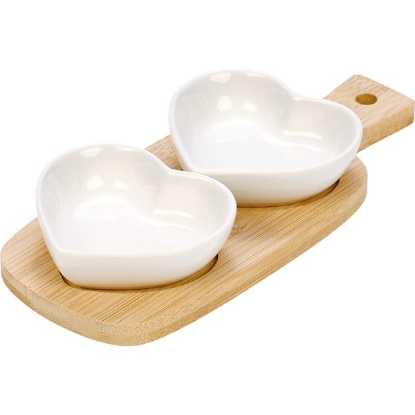 Lote/3 bandeja bambú 2 ramequines 8x7x2,5 cm porcelana blanca forma corazón