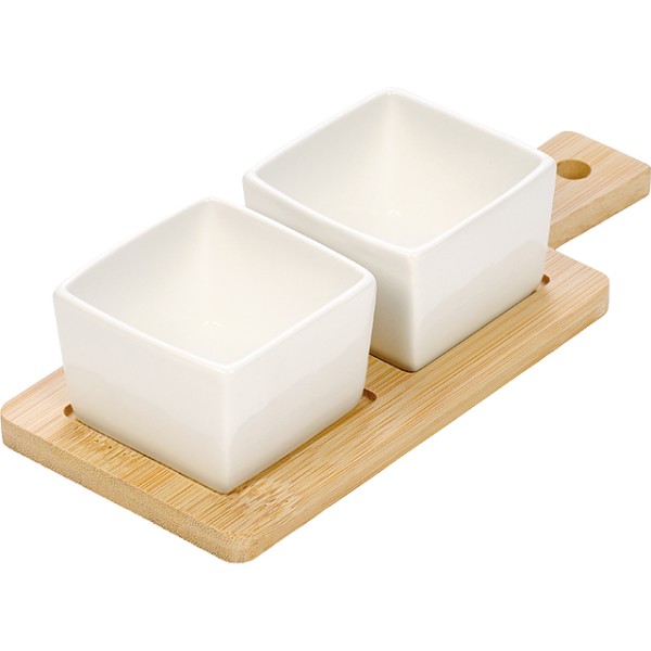 Lot/3 plateau bambou 2 ramequins 6x6x4 cm porcelaine blanche carrés