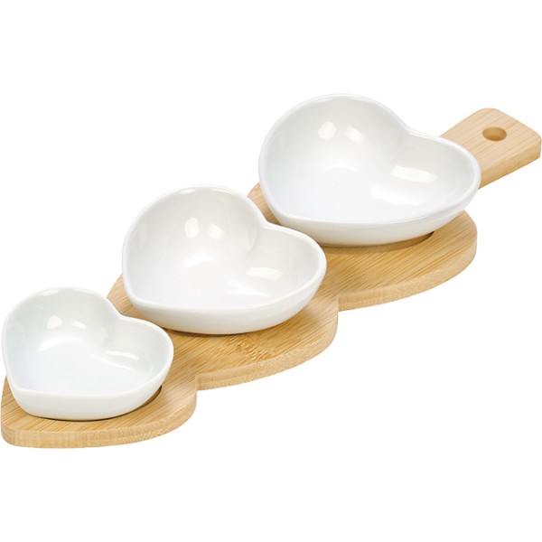 Set/4 bandeja bambu 3 ramequins 10,5x9,5x3,3 / 9,5x9x3 / 8x7,2x2,5 cm porcelana branca forma coração