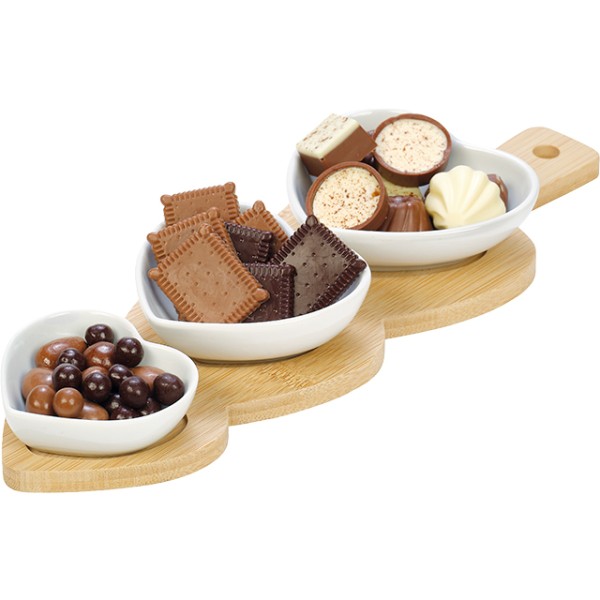 Set/4 tray bamboo 3 ramekins 10,5x9,5x3,3-9,5x9x3-8x7,2x2,5 cm white porcelain heart shape