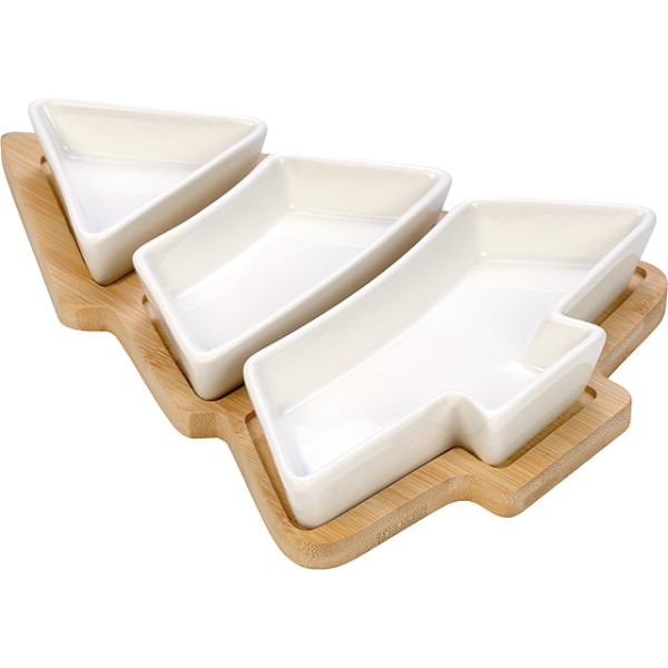 Set/4 tray bamboo 3 white porcelain ramekins 9,5x8x2,5-14x6x2,5-9,5x7,8x2,5 Christmas tree-shaped