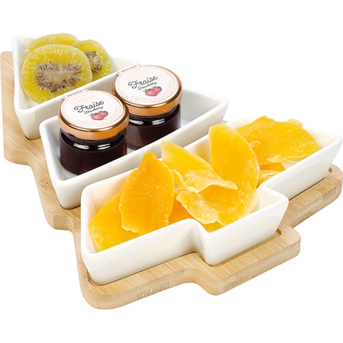 Set/4 tray bamboo 3 white porcelain ramekins...