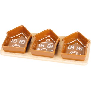 Set/4 bandeja bambu 3 ramequins 12,5x9x3 cm cerâmica...