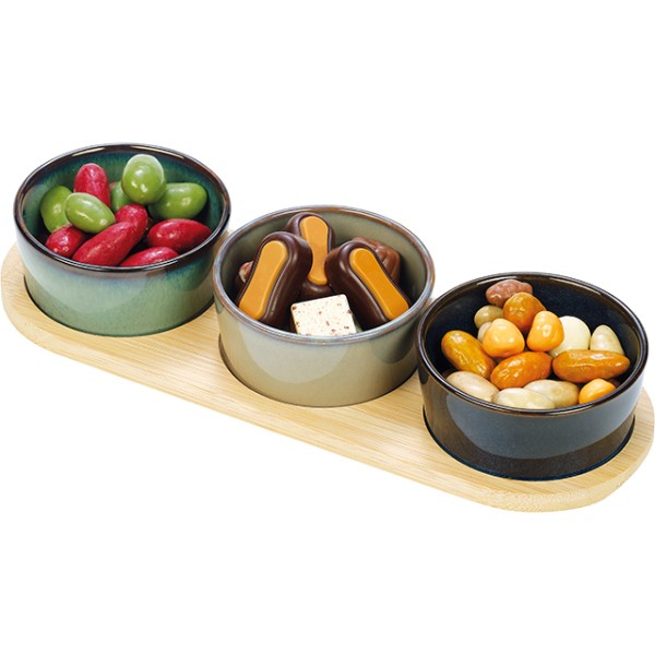 Set/4 tray bamboo 3 ramekins D8,5x4 cm green/blue/grey round ceramic