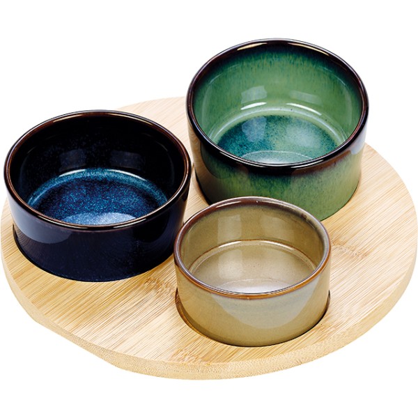 Lot/4 plateau bambou 3 ramequins D8x5-D8,5x4-D7x3,3 cm céramique ronds vert/bleu/gris