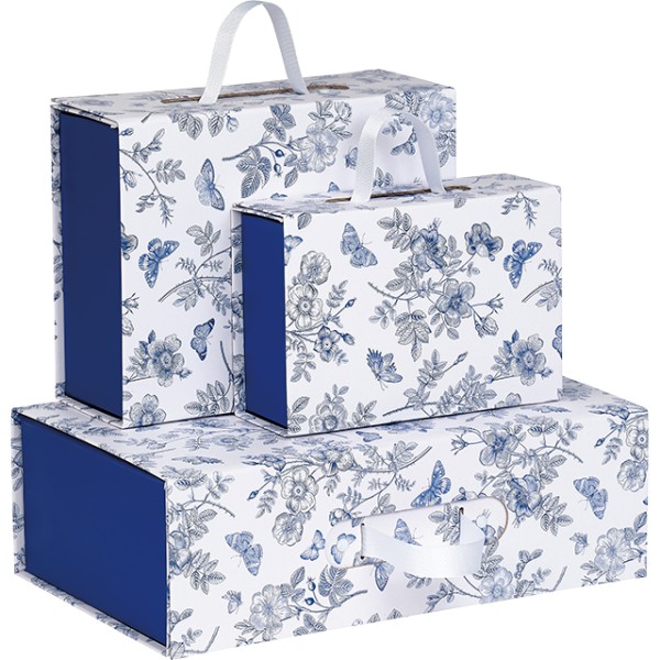 Caja cartón rectangular TELA DE JOUY blanco/azul asa cinta cierre magnético entrega plana