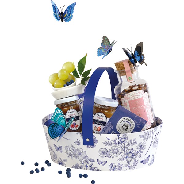 Basket cardboard oval CLASSIC TOILE DE JOUY white/blue foldable handle