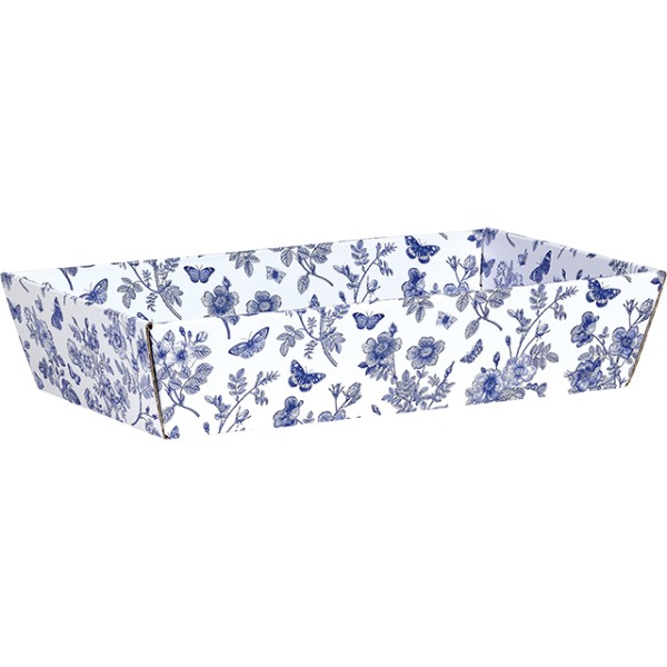 Bandeja cartón rectangular TELA DE JOUY blanco/azul entrega plana dimensiones bandeja montada