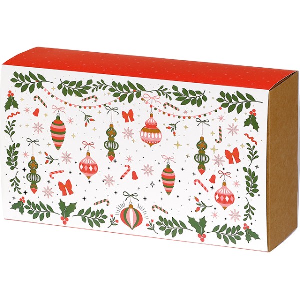 Coffret carton kraft rect fourreau VIVEMENT NOEL vert/rouge/rose/dorure chaud or livr. à plat dim int.