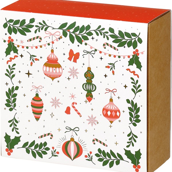 Coffret carton kraft carré fourreau VIVEMENT NOEL vert/rouge/rose/dorure à chaud or livraison à plat dim int.