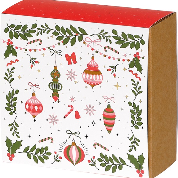 Coffret carton kraft carré fourreau VIVEMENT NOEL vert/rouge/rose/dorure à chaud or livraison à plat dim int.