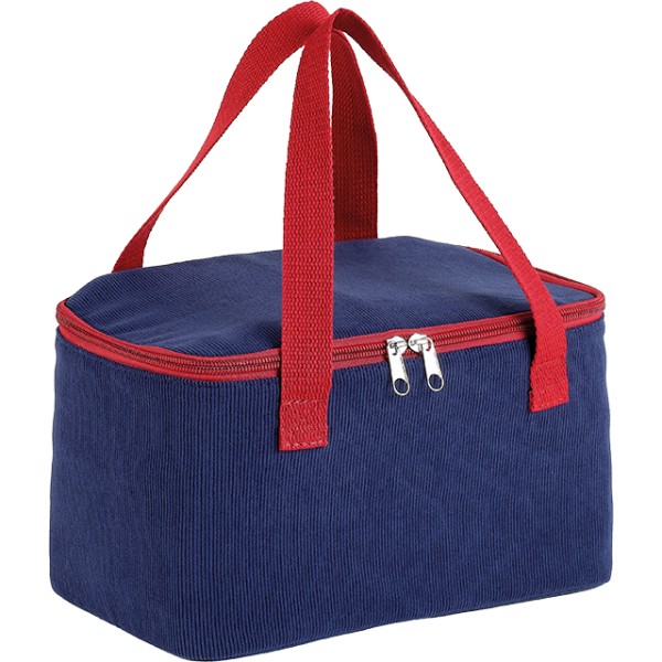 Sac isotherme rectangle velours côtelé bleu 2 anses coton bordeaux fermeture zip