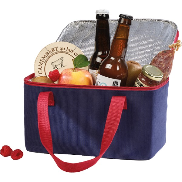 Sac isotherme rectangle velours côtelé bleu 2 anses coton bordeaux fermeture zip