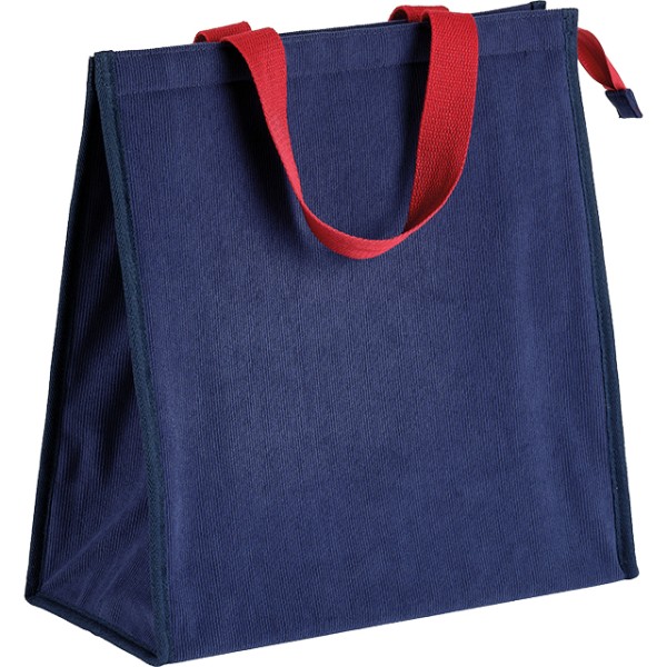 Sac isotherme rectangle velours côtelé bleu 2 anses coton bordeaux fermeture zip