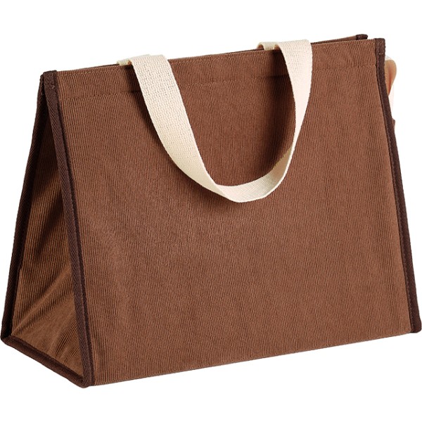 Bolsa isotérmica rectangular pana marrón 2 asas de algodón marfil cierre cremallera