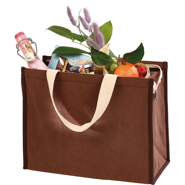 Sac isotherme rectangle velours côtelé marron 2 anses coton ivoire fermeture zip