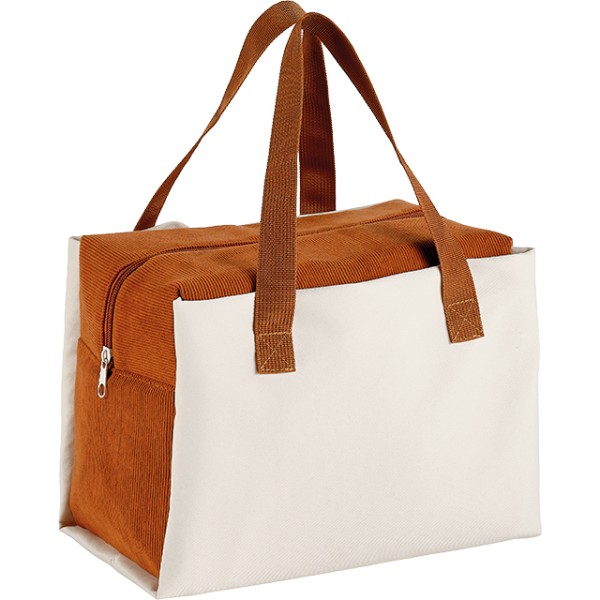 Saco térmico retangular veludo cotelê/algodão castanho/marfim 2 bolsos 2 pegas castanha fecho de correr