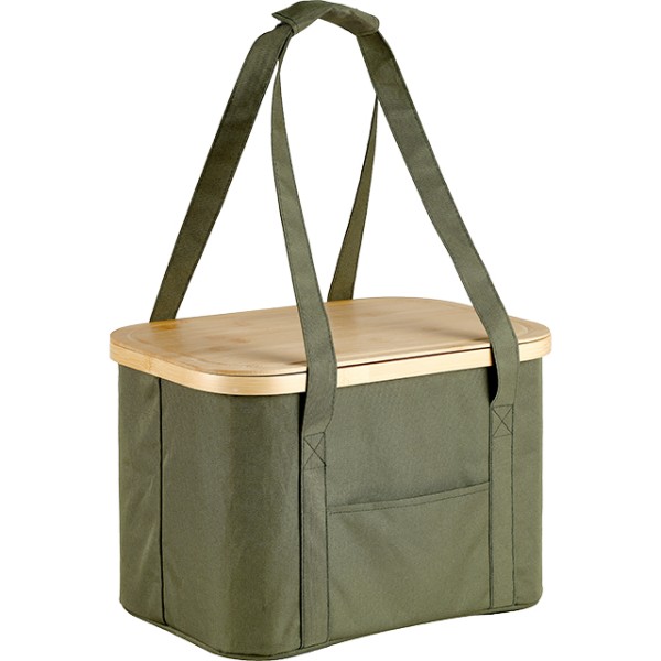 Saco térmico retangular verde piquenique 3 em 1 poliéster com tampa/tabuleiro bambu 2 pegas verdes nylon