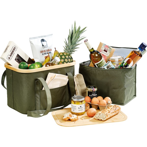 Bolsa isotérmica rectangular verde para picnic 3 en 1 poliéster con tapa/bandeja de bambú 2 asas verdes nylon