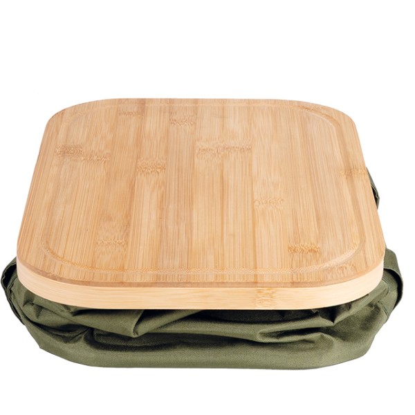 Bolsa isotérmica rectangular verde para picnic 3 en 1 poliéster con tapa/bandeja de bambú 2 asas verdes nylon