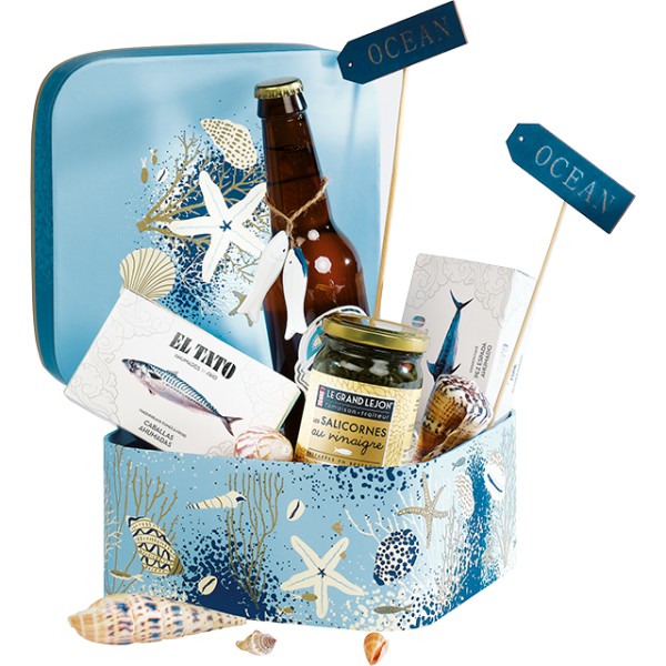 Caja cartón cuadrada esquinas redondeadas ESPUMA DEL MAR azul/oro