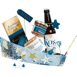 Tray cardboard boat shaped SEA FOAM blue/gold 2