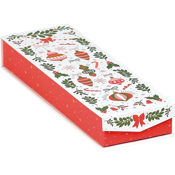 Caja cartón rect choco 2 filas ¡MUY PRONTO SERÁ NAVIDAD! verde/rojo/rosa dorado estamp caliente cierre magnét.