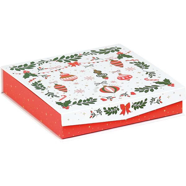 Caixa cartão quadrada chocolates 4 fileiras VIVA O NATAL verde/vermelho/rosa/dourado estampagem quente ouro fecho magnético