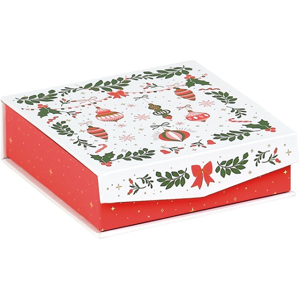 Box cardboard sq choco 3 rows CHRISTMAS ANTICIPATION green/red/pink/gold hot foil stamp magnetic close