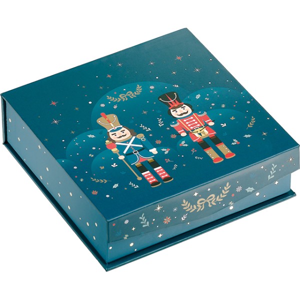 Coffret carton carré chocolats 3 rangées NOEL FEERIQUE bleu/rouge/dorure à chaud or fermeture aimant
