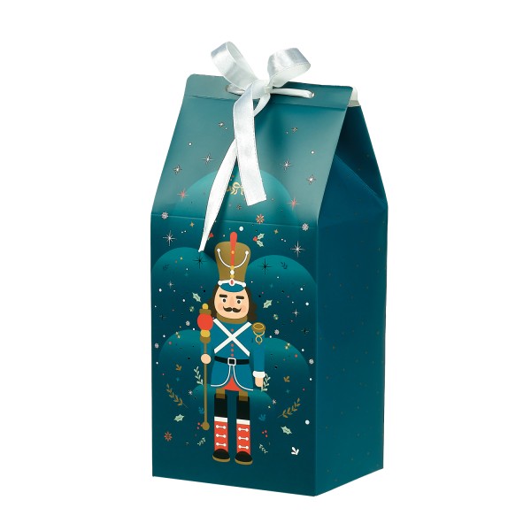 Box cardboard house shape ENCHANTING CHRISTMAS blue/red/gold hot foil stamping satin ribbon