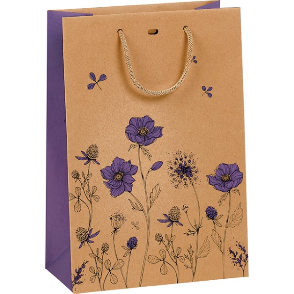 Sac papier kraft EVEIL CHAMPETRE violet poignées corde/oeillet de fermeture