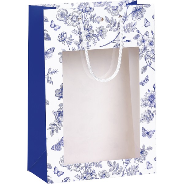Sac papier TOILE DE JOUY blanc/bleu fenêtre PET poignées corde/oeillet de fermeture