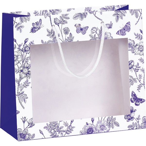 Sac papier TOILE DE JOUY blanc/bleu fenêtre PET poignées corde/oeillet de fermeture