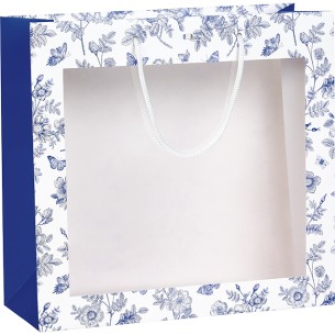 Saco papel TECIDO DE JOUY branco/azul janela PET alças...