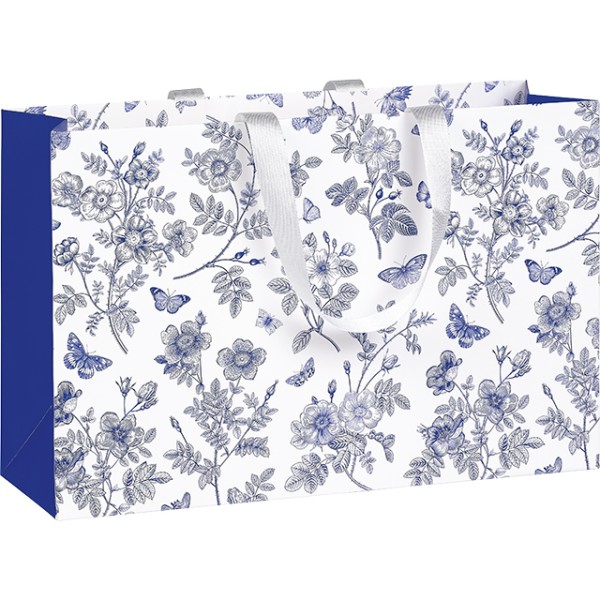 Saco papel TECIDO DE JOUY branco/azul alças fita