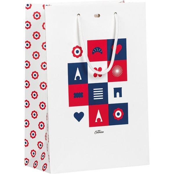 Saco papel XADREZ TRICOLOR azul/branco/vermelho alças corda/ilhó