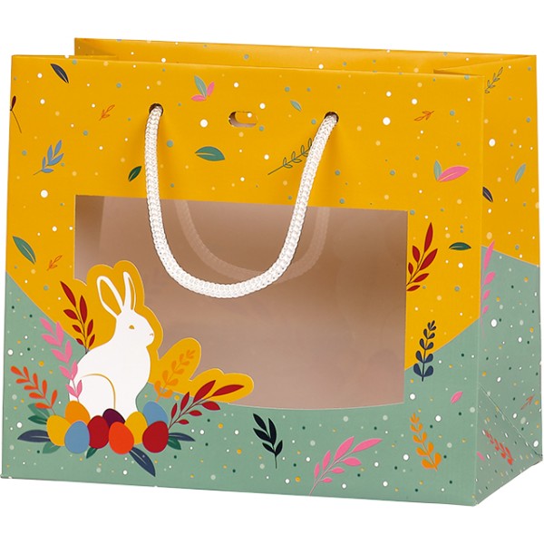 Bag paper SWEET DELIGHTS HUNT yellow/blue PET window rope handles/eyelet