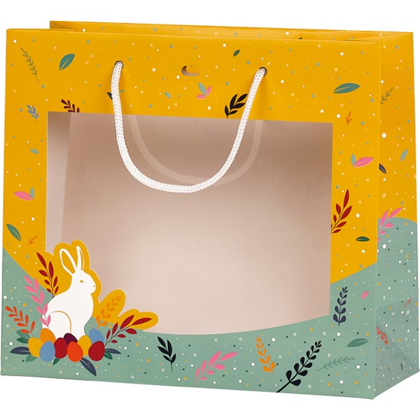 Saco papel CAÇA AOS DOCES amarelo/azul janela PET alças corda/ilhó