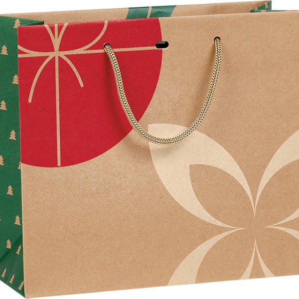 Bolsa papel kraft NAVIDAD NATURAL kraft/rojo/verde asas cordón ojal